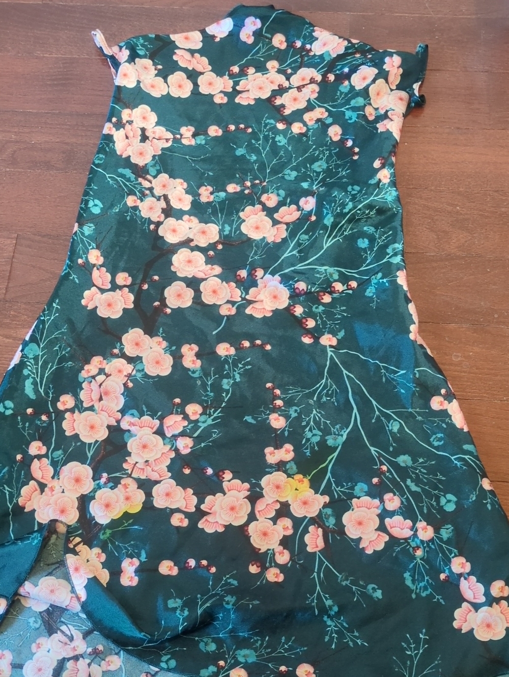 Floral Slip Dress in Dark Green with Pink Blossom Print